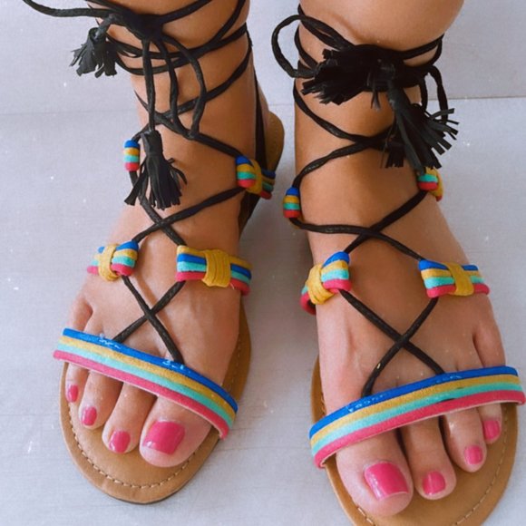 "BIG SALE" Boho Flat Sandals Open Toe Leg Wrap Lace-Up - Picture 10 of 10